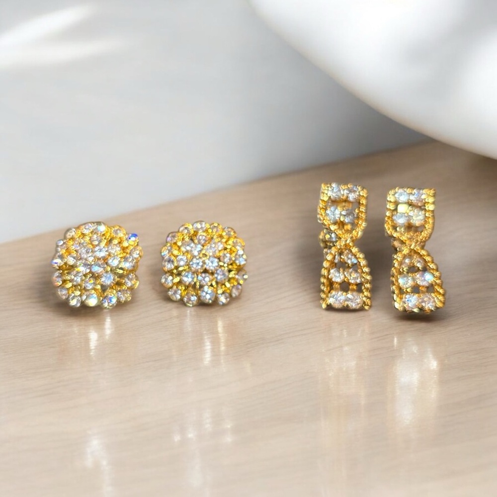 Vintage gold tone rhinestone earrings. 1 is 1.25” pierced. 2 is 1.5” clips. JB1